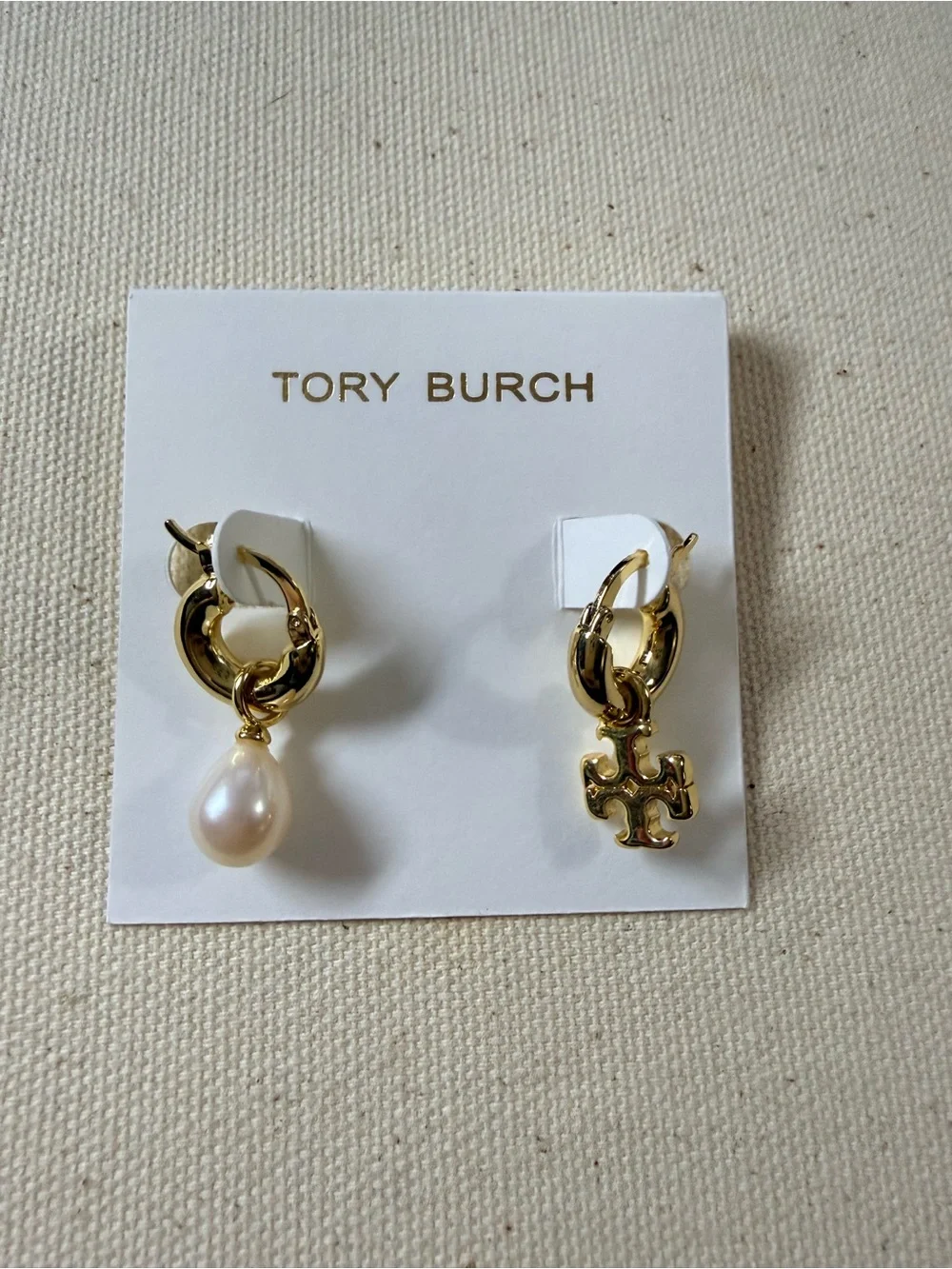 Tory Burch Asymmetrical Gold Hoop Earrings with Pearl Drop